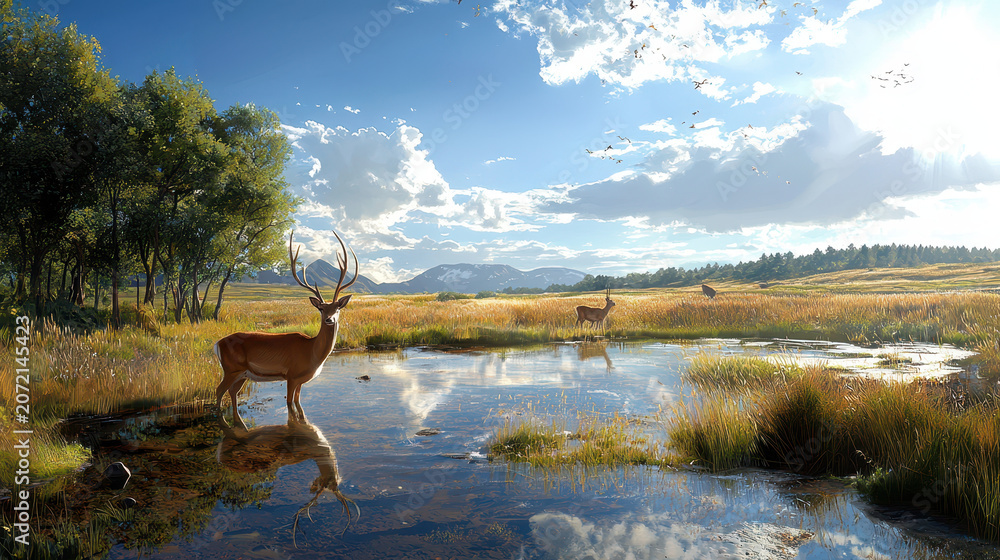 Obraz premium Serene landscape featuring deer standing by tranquil pond, surrounded by lush greenery and distant mountains bright sky. scene evokes sense