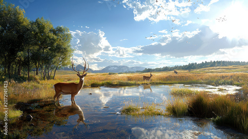 Serene landscape featuring deer standing by tranquil pond, surrounded by lush greenery and distant mountains bright sky. scene evokes sense