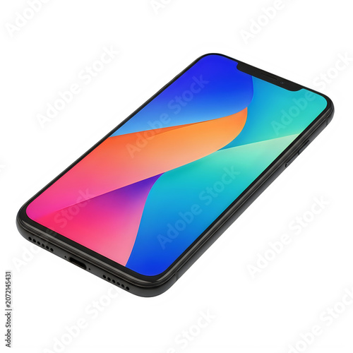 Modern smartphone with colorful abstract screen display isolated on transparent background, illustration