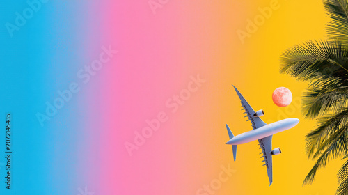 Vibrant sunset scene featuring airplane flying against colorful gradient sky with pink and blue hues, complemented by palm trees and glowing moon