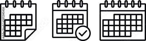 Three different calendar icons with check mark sign isolated on transparent background set.