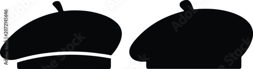 Two black silhouette beret hat icons isolated on transparent background for fashion design.