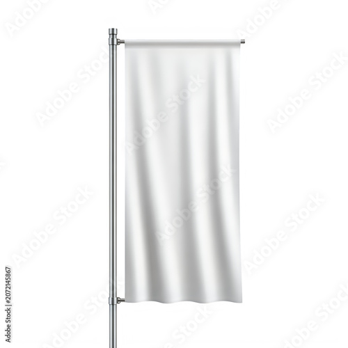 Blank white vertical fabric banner hanging on a metal pole isolated on transparent background, illustration