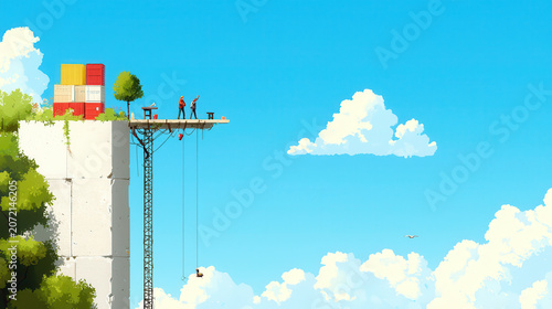 Surreal depiction of construction scene featuring two workers platform, surrounded by clouds and greenery. vibrant colors create whimsical