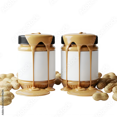 Two jars of creamy peanut butter dripping with nuts isolated on transparent background, illustration