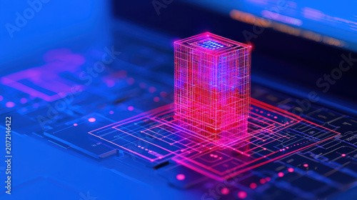 Digital representation of futuristic building on laptop, showcasing technology and innovation in vibrant blue and pink color scheme