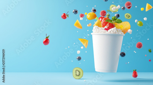 Fresh fruit smoothie overflowing with vibrant berries, tropical fruits, and whipped cream, creating colorful and refreshing scene