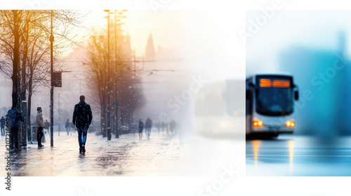 Serene urban scene captures person walking foggy environment, with soft light illuminating surroundings. atmosphere evokes sense of calm