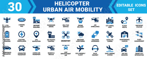 Canvas Print Set of 30 professional helicopter and urban air mobility transport icons for sma