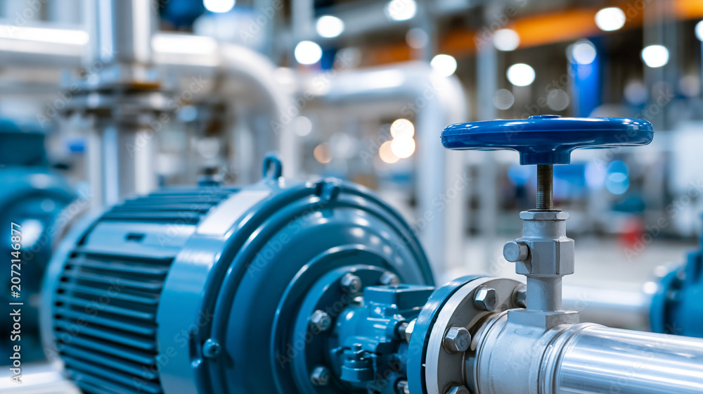 Fototapeta premium Industrial blue centrifugal pump and metal piping arrangement in a factory setting, organized mechanical detail, defocused factory in background, industrial pump concept