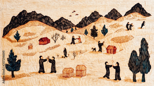 Woodcut engraving depicting rural landscape with mountains, trees, and people engaging various activities. scene conveys sense of community