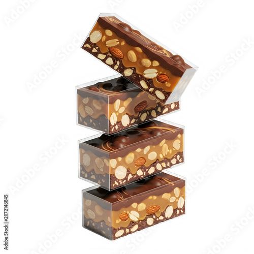 Stack of delicious chocolate nut energy bars isolated on transparent background, illustration