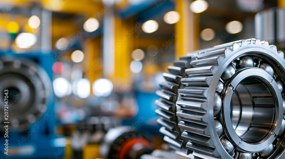 Fototapeta premium Industrial gearbox showing exposed metal gears and bearings in a factory, intricate mechanical engineering detail, defocused factory in background, gearbox mechanism concept