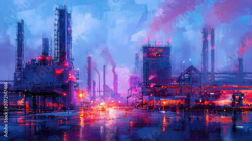 Vibrant industrial landscape featuring oil refineries and smokestacks, illuminated by colorful lights reflecting wet surfaces, evokes sense