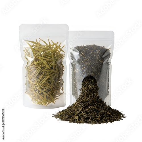 Two plastic pouches filled with dried green tea leaves isolated on transparent background, illustration