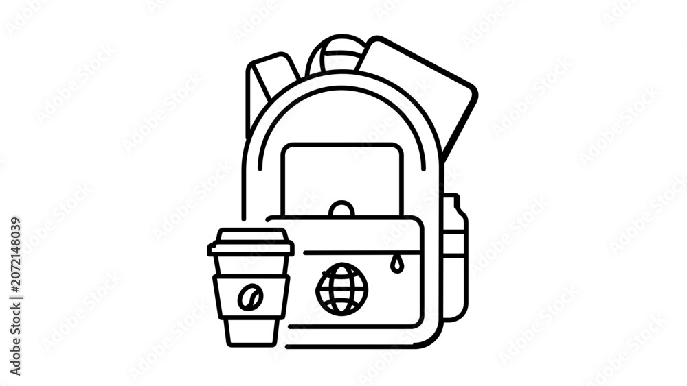 Fototapeta premium Minimal clean flat vector line icon of a travel backpack for digital nomads, perfect for itinerary apps and remote work resources.