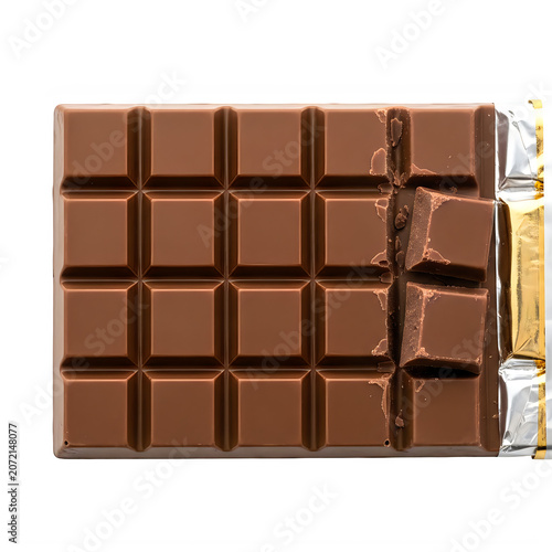 Milk chocolate bar with broken pieces isolated on transparent background, illustration