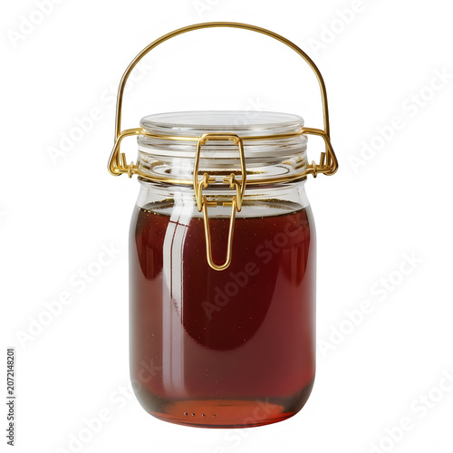 Glass jar filled with dark honey and metal handle isolated on transparent background, illustration