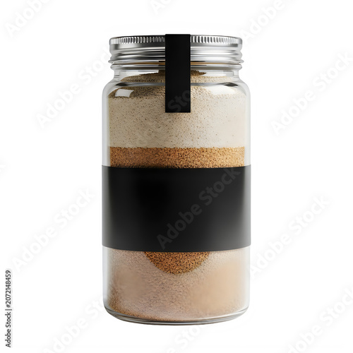 Glass jar filled with layered dry ingredients and black label isolated on transparent background, illustration