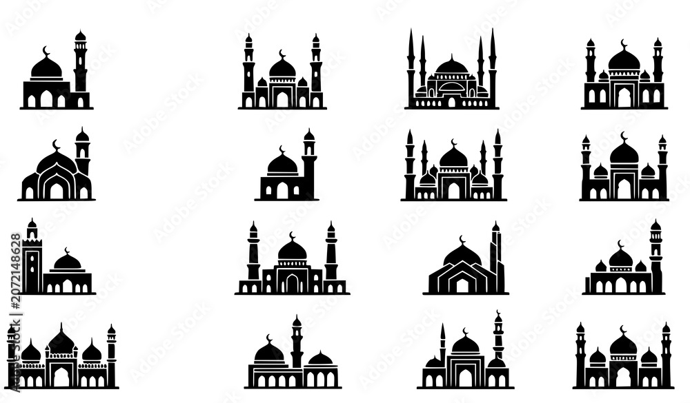 Naklejka premium Islamic Mosque Silhouette Black Icon Vector Illustration Set Featuring Diverse Arabic Architecture Minarets and Domes for Ramadan Kareem and Eid Mubarak Graphic Designs