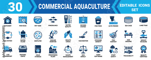 Bild auf Leinwand Set of 30 commercial aquaculture icons representing fish farming equipment and p