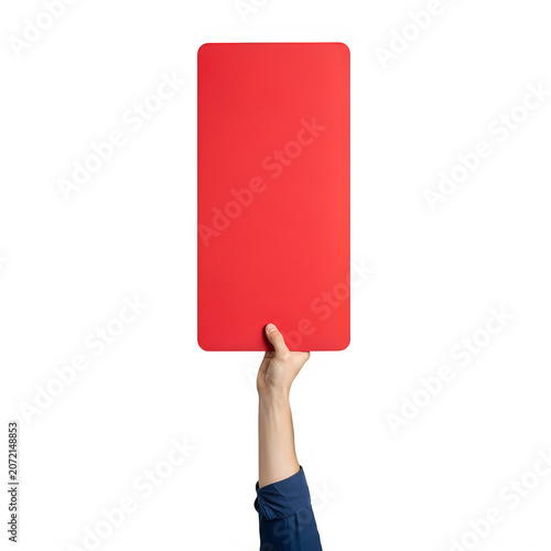 Hand holding a blank red rectangle sign isolated on transparent background, illustration