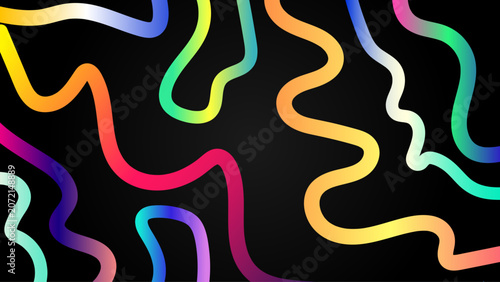 Vibrant Gradient Wavy Ribbon Abstract Background with Colorful Flowing Curves on Black. Modern Multicolor Gradient Ribbon Waves on Black Background with Dynamic Abstract Design.
