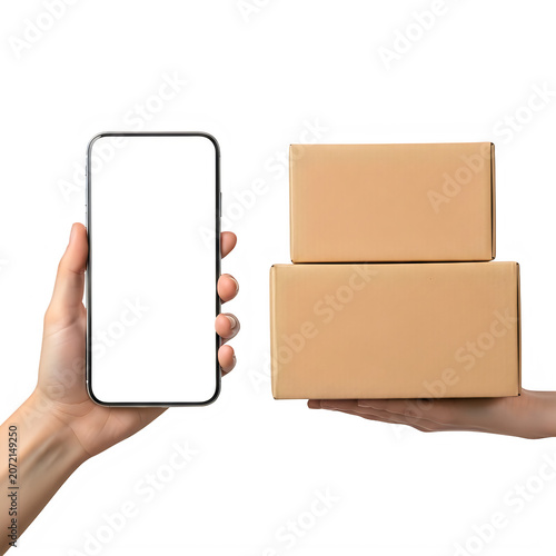 Person holding a smartphone and a stack of cardboard boxes isolated on transparent background, illustration
