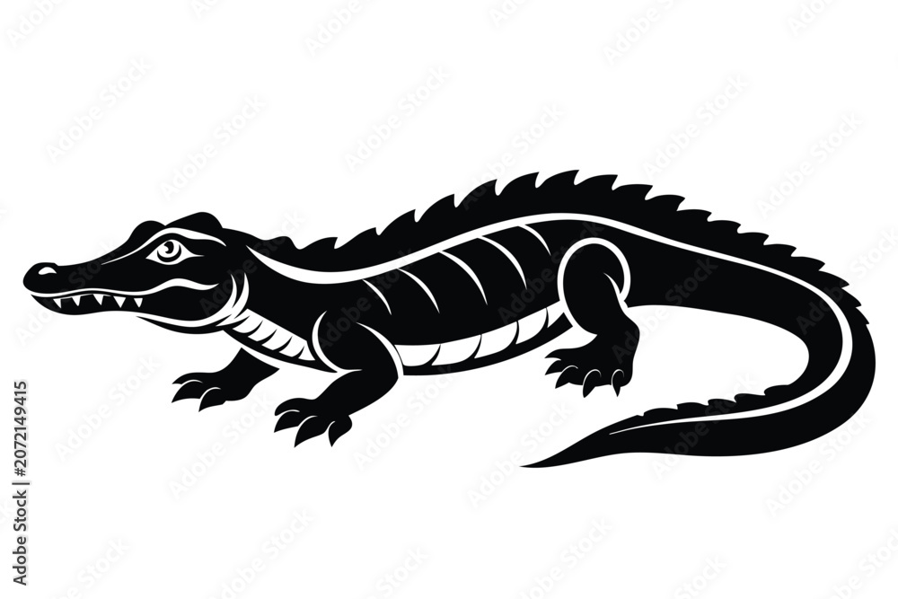 Fototapeta premium Black and white alligator illustration showing the reptile in profile on white background