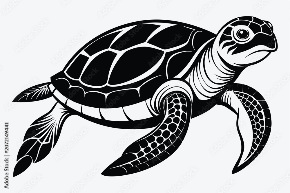 Obraz premium Black and white illustrated vector art of a swimming sea turtle on a white background.