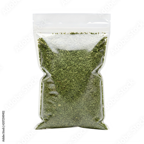 Dried green herbs in a small clear plastic zip lock bag isolated on transparent background, illustration