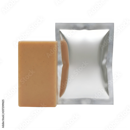 Natural brown soap bar with silver foil product sachet isolated on transparent background, illustration