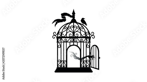 Halloween Cursed Victorian Birdcage Silhouette with Raven and Ghost Hand Gothic Halloween Vector Design