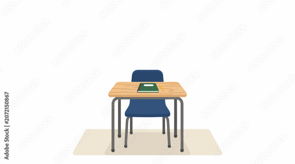 Fototapeta premium Minimalist vector illustration of a wooden student desk and blue chair with a green notebook and yellow pencil on top, facing front on white background.