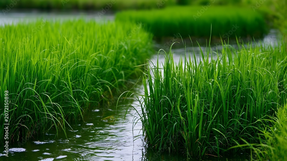 Fototapeta premium A serene and elegant view of a lush rice paddy reflecting gentle water waves and soft foam