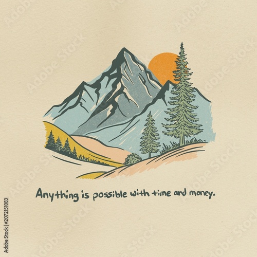 Photos Inspiring life quote with hand drawn illustrations of the mountains, outdoor sce