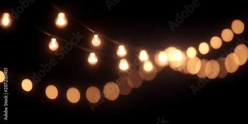 Light Bulbs Hanging in Dark with Soft Bokeh Effect. Glowing Christmas lights garland. 