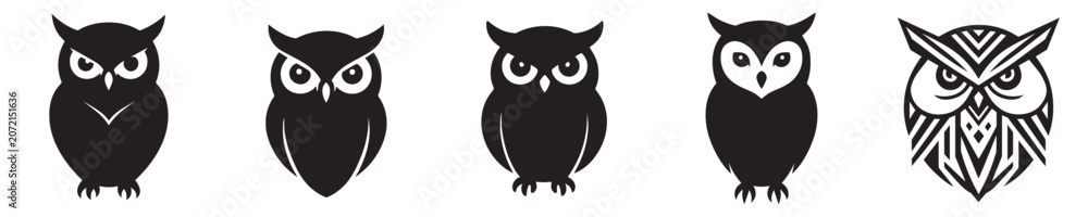 Obraz premium Set of owl head silhouettes vector