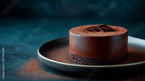 Minimalist chocolate mousse cake with a velvety surface and cocoa powder on a ceramic plate