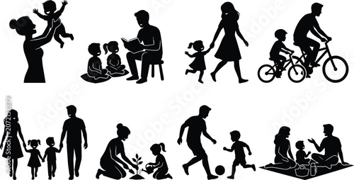 Quadro em tela Set of black silhouettes showing family outdoor activities including cycling gar