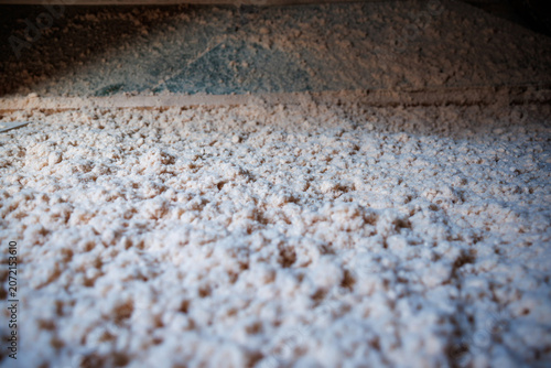 Obraz na plátně Riga in winter attic view shows loose white cellulose insulation, with a blue vapor barrier strip at the top, side light casting shadows and highlighting granular depth