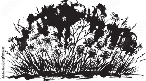Konstfotografi Black and white vector illustration of a floral landscape with flowers and grass