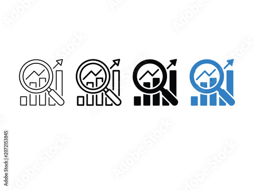 Magnifying glass examining growing bar chart set with four variations in outline, silhouette, and blue styles