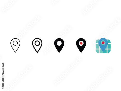 Set of five map pin location in various styles including outline, solid black, and colored grid map variations