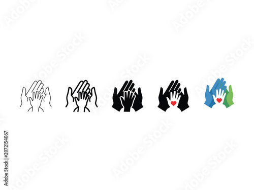 Set of five showing hands supporting a smaller hand with a heart symbol in various styles and colors