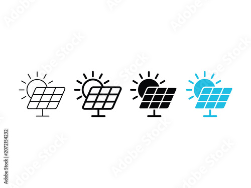 Solar panel array with sun rays in various styles including outline, solid black, and blue color