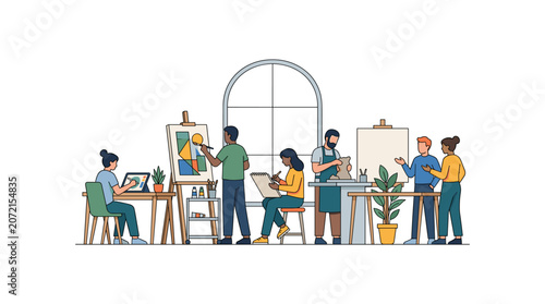 Foto Diverse group of creative people participating in art class within studio setting scene