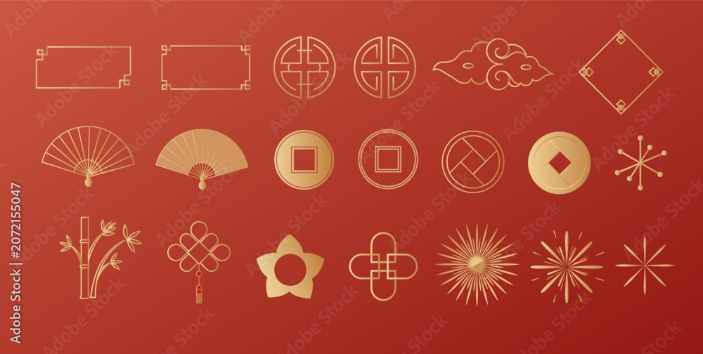Naklejka premium Elegant Chinese icon collection in golden outline style, traditional Asian decorative vector elements