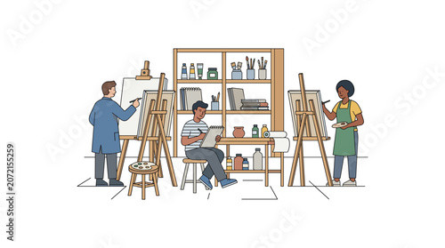 Tableau sur toile Three diverse artists honing their skills in studio, engaging in various artistic expressions