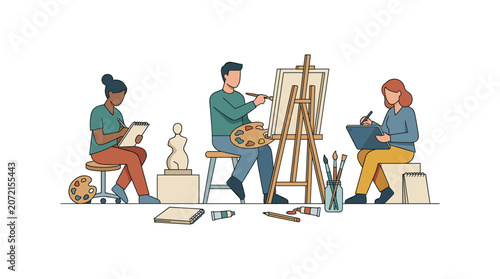 Photos Diverse group of artists honing their craft, engaged in various artistic expressions